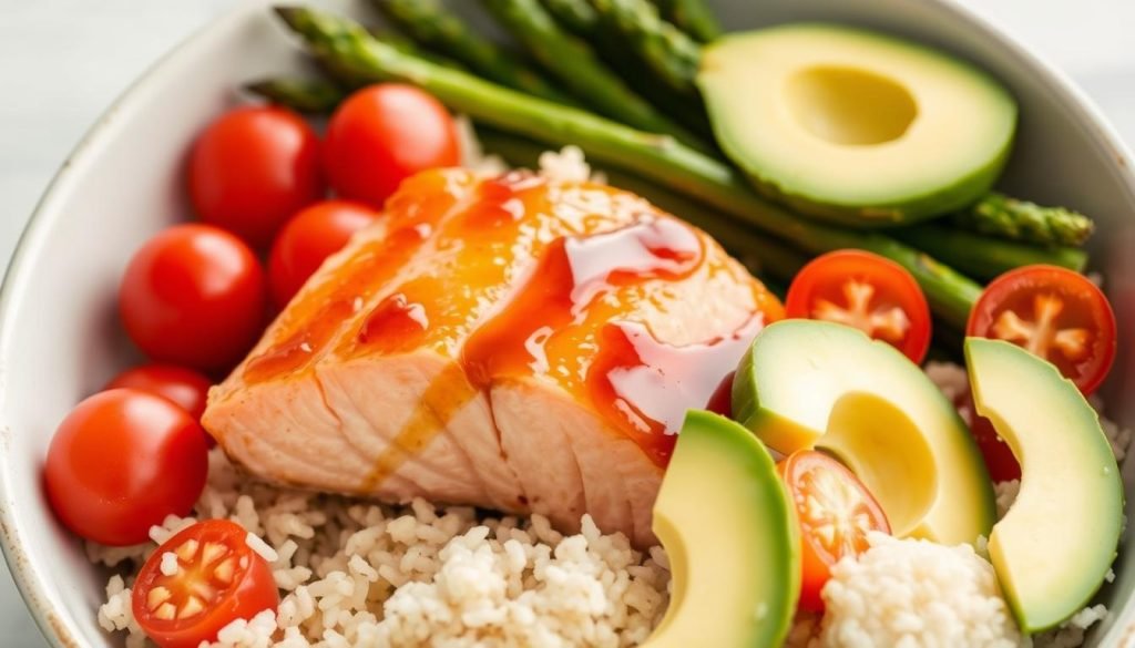 honey glazed salmon protein bowl